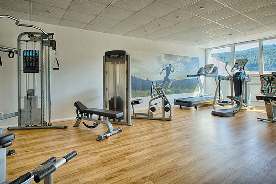 Moderner Fitnessraum mit Geräten und Seeblick auf den Titisee