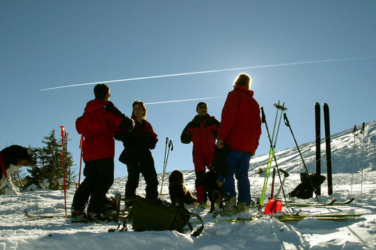 Freizeit im Schwarzwald: Skifahrergruppe am Feldberg