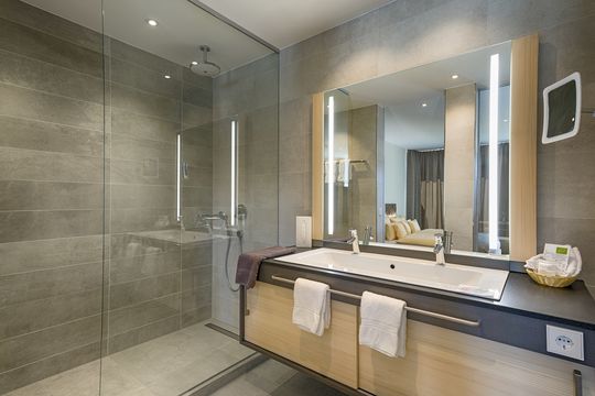 Dusche und Waschbecken im Doppelzimmer Penthouse Seehotel Wiesler